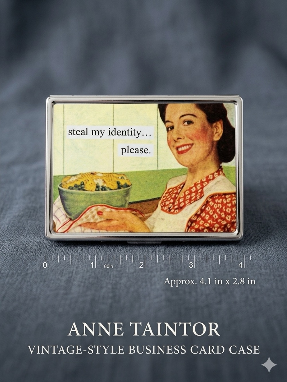 Novelty Silver Card Holder Wallet - Retro Woman Design in Green and Red